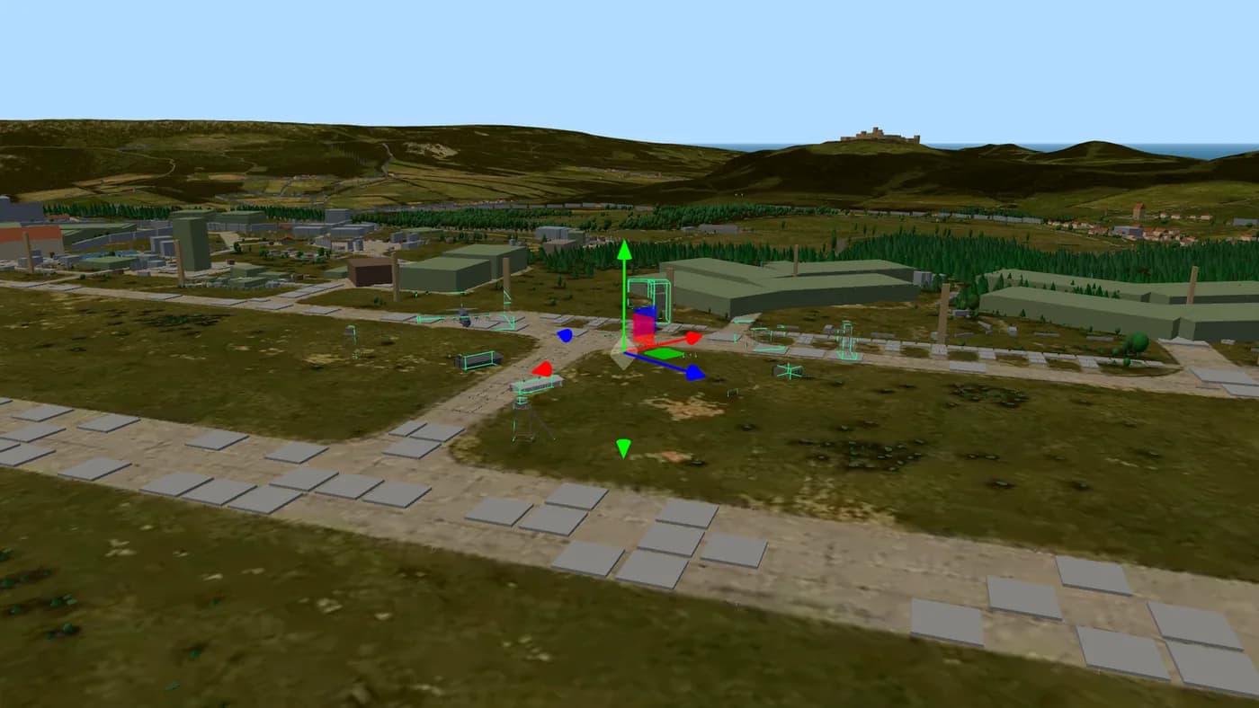 DayZ Map Editor: the north-west airfield of Chernarus in 3D with a placed military camp and the move handle on the selected object